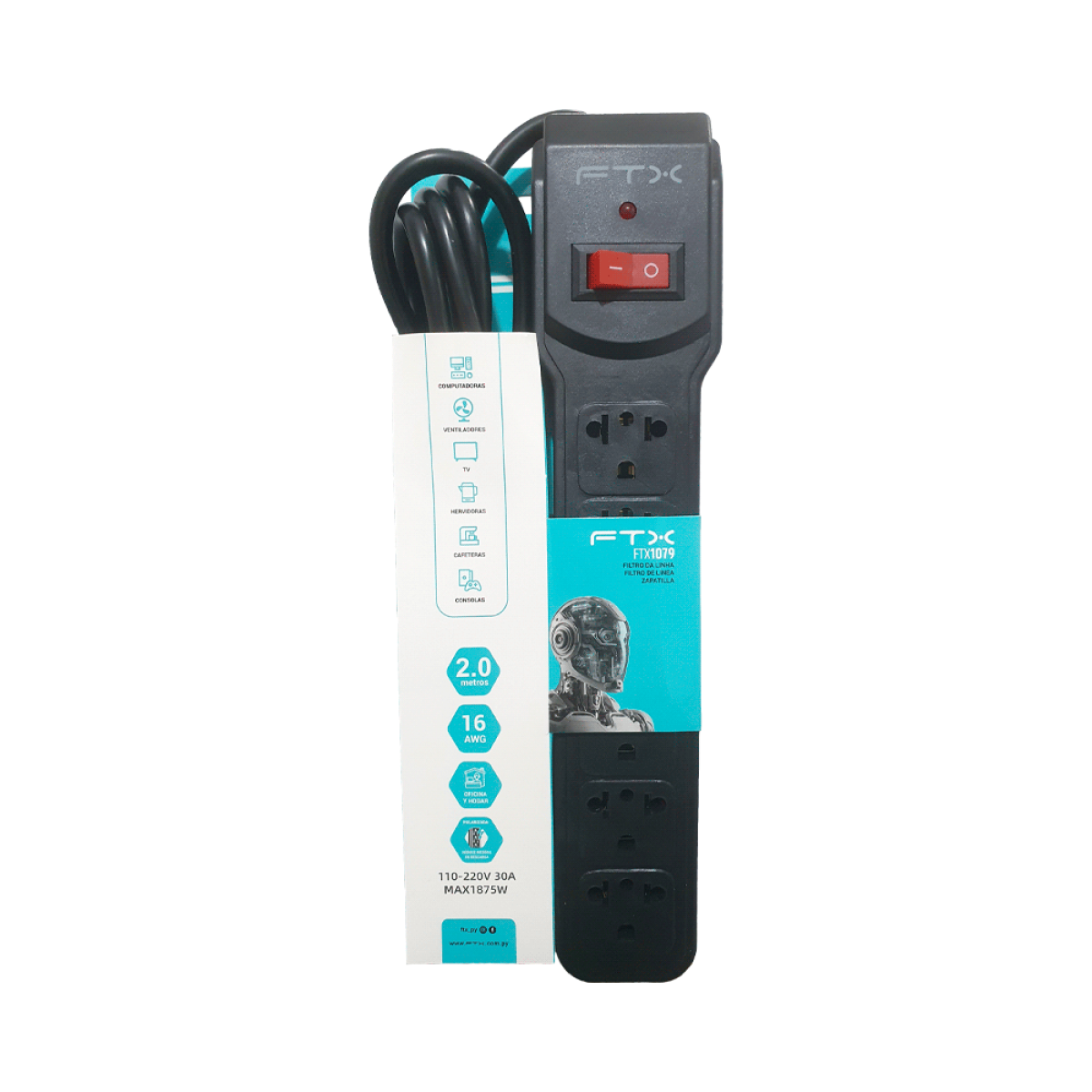 ZAPATILLA FILTRO DE LINEA FTX1079 DE 6 TOMAS NEMA EUR 110/220V